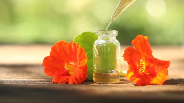 Aceite Esencial Capuchina Hermosa Botella Sobre Fondo Madera — Vídeo de stock