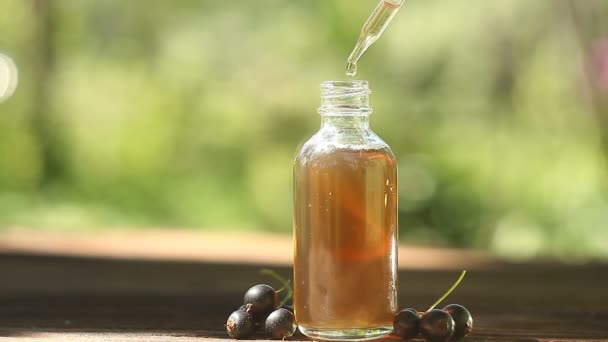 Esencia Grosella Negra Sobre Mesa Hermosa Botella Vidrio — Vídeos de Stock