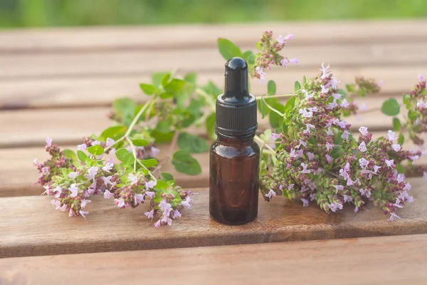 Esencia de flores de lavanda en la mesa en una hermosa botella de vidrio — Foto de Stock