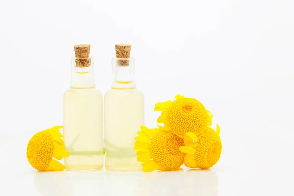 Esencia de flores de Camomille amarillas en la mesa en hermoso vidrio — Foto de Stock