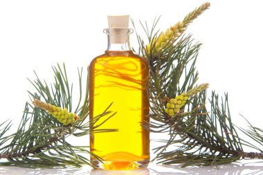 Cam bir kavanozun içindeki bir masada çam esansı.