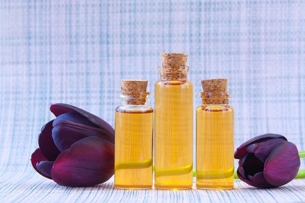 Essentie Van Bloemen Een Tafel Een Mooie Glazen Pot — Stockfoto