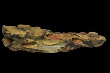 Siyah arka planda izole edilmiş çatlak bir yüzeyi olan düzensiz şekilli uzun ejderha taşı. kırpma yolu dahil