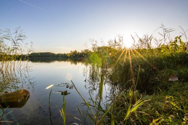 Akşamları Lakeshore, göl kıyısının güzel manzarası. Akşam güneşinde gölün üzerinden bak, Hesse, Almanya