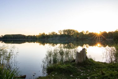 Akşamları Lakeshore, göl kıyısının güzel manzarası. Akşam güneşinde gölün üzerinden bak, Hesse, Almanya