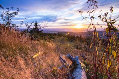 Bir kayanın manzara görüntüsü. Göz kamaştırıcı renklerle bir yaz günbatımı. Feldberg, Taunus Dağları, Hesse, Almanya