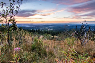 Bir kayanın manzara görüntüsü. Göz kamaştırıcı renklerle bir yaz günbatımı. Feldberg, Taunus Dağları, Hesse, Almanya