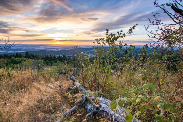 Bir kayanın manzara görüntüsü. Göz kamaştırıcı renklerle bir yaz günbatımı. Feldberg, Taunus Dağları, Hesse, Almanya