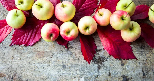 Manzanas hojas de uva en tablas viejas. otoño, fondo vertical otoñal . —  Fotos de Stock