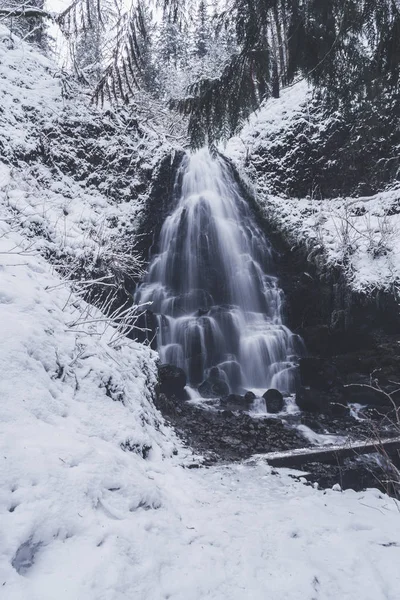 Cachoeira Fluente Loquente Rodeada Neve Gelo — Fotografia de Stock