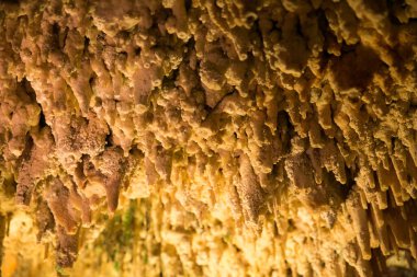 İspanya 'da Mallorca adasındaki Stalactite aydınlatmalı mağaralar. Mağaraların çok renkli aydınlatması. Güzel mağara. Eski mağaradaki sarkıtlar. Kırmızı, yeşil, mavi, mor, sarı.