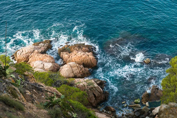 Mallorca sahili manzaralı. İspanya 'da ailecek tatiller. Güneşli bir gün ve soğuk bir rüzgar. Sudaki siyah bitkiler. Deniz sıcak ve güzeldir. Rahatlama.