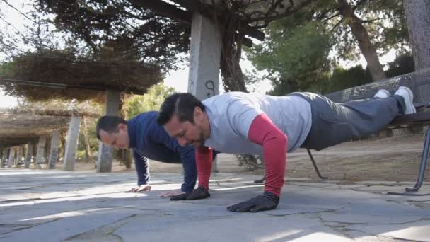 Träning med personlig tränare utomhus. Två fitness man gör armhävningar med fötterna högt i en park som en del av en workout rutin. — Stockvideo