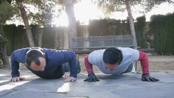 Workout mit Personal Trainer im Freien. zwei männliche Athleten, die im Rahmen einer Workout-Routine im Park gleichzeitig Offset-Liegestütze machen — Stockvideo
