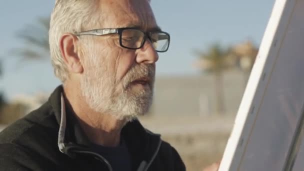 Ein älterer Mann malt ein Bild am Strand. Nahaufnahme eines älteren männlichen Künstlers mit Brille, der die Leinwand mit einem alten Pinsel am Strand von Sonnenaufgang bemalt. — Stockvideo