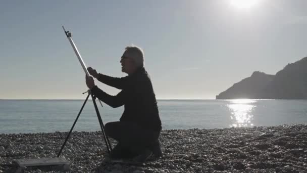 Старший чоловік малює картину на пляжі. Літній чоловік художник малює полотно на металевому мольберті на пляжі проти морського узбережжя та кам'янистого мису. Ранкове сонце відбивається у спокійній морській воді . — стокове відео