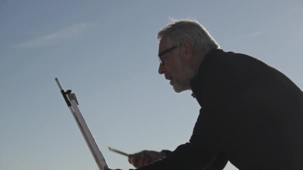 Старший чоловік малює картину на пляжі. Літній чоловік художник малює полотно на металевому мольберті на ранковому спокійному фоні неба . — стокове відео