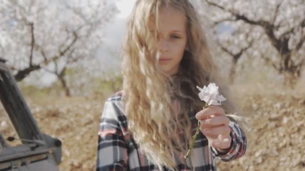 Virágzó kert lány. Fiatal lány kaukázusi kockás ruha néz gazdaság mandula virág ül az elhagyott kisteherautóval kinyújtott kezét. Lassú mozgás. — Stock videók