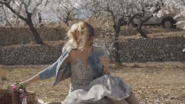 Mujer en el jardín floreciente. Sexy mujer caucásica sentada en tartán a cuadros con comida de picnic. Una ráfaga de viento recoge las flores de los árboles y saca algo de la mesa . — Vídeos de Stock