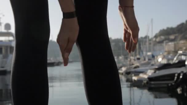 Jovens mulheres fazendo exercícios no porto marítimo. Close-up de ajuste menina caucasiana atraente aquecendo os músculos batendo palmas do corpo de baixo para cima . — Vídeo de Stock