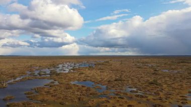 İnsansız hava aracı Yelnya bataklığının sulak alanlarını, göllerini ve orman arazilerini ele geçiriyor. Dolambaçlı bir sahil yolu araziyi keser, bulutlar hareket eden gölgeler bırakır..