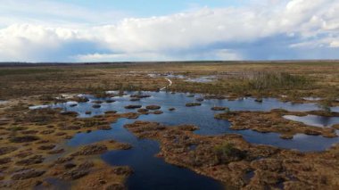 İnsansız hava aracı Yelnya bataklıklarını, gölleri ve orman adalarını ele geçirir. Tahta bir sahil yolu, yansıtıcı su ve dağınık bulutlarla bir platforma çıkar..