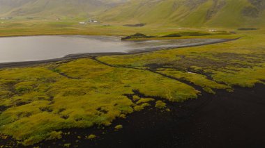 Siyah volkanik kum, yeşil yosun, yuvarlanan tepeler, uzak dağlar ve dağınık çiftlik evleriyle çevrili yansıtıcı bir su kütlesinin hava görüntüsü..