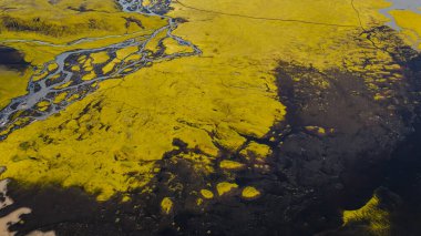 Sarı ve yeşil yosun, koyu lav alanları ve karmaşık doğal desenler yaratan örülmüş nehirlerle İzlanda 'nın volkanik arazisinin hava görüntüsü..