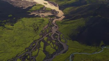 Drone, İzlanda 'da yeşil yosun ve volkanik toprağı kesen nehirleri yakalıyor ve su ile kara arasındaki dinamik etkileşimi gösteriyor..