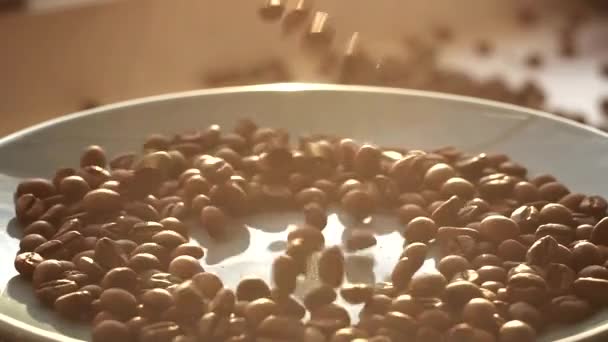 Café tostado marrón frijoles cayendo en la pila — Vídeos de Stock