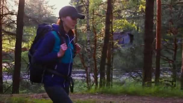 Дівчина турист в рюкзаку гуляє в парку на заході сонця — стокове відео