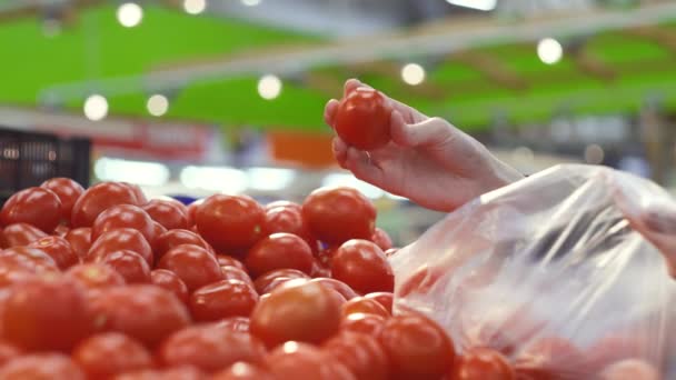 Frauenhände wählen im Supermarkt frische, saftige Tomaten — Stockvideo