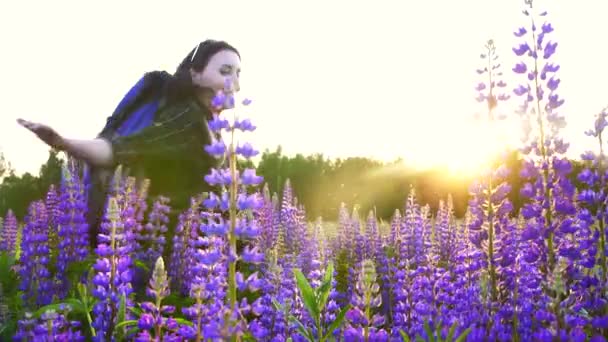 Turista menina com uma mochila no pôr do sol em um campo exuberante feliz. gimbal constante — Vídeo de Stock