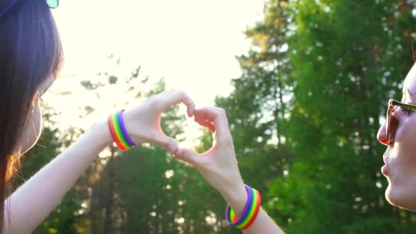 Duas meninas fazem as mãos do coração ao pôr do sol, o sol, o símbolo das pessoas LGBT — Vídeo de Stock