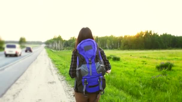 Meisje toeristische met rugzak wandelen langs de weg, de liftende reis — Stockvideo