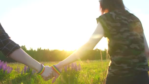 Duas meninas estão andando de mãos dadas ao pôr do sol, o sol, o símbolo das pessoas LGBT — Vídeo de Stock