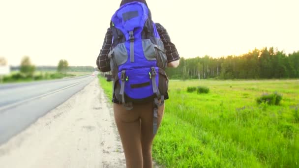 Девушка туристка с рюкзаком ходить по дороге, автостопом — стоковое видео