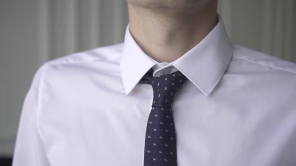 Портрет человека в рубашке выпрямляет галстук крупным планом — стоковое видео