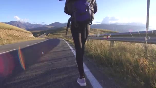 Chica viajero con una mochila detrás va en el camino a las montañas — Vídeos de Stock