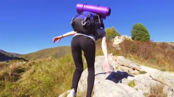 Meisje toerist met een rugzak klimt het bergpad — Stockvideo