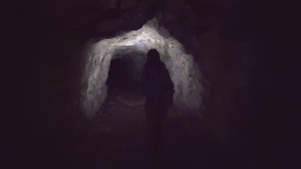 女孩的旅行者用手拿着手电筒的背包去山洞检查它 后视图 — 图库视频影像