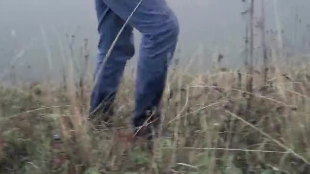 Los pies de hombre va sobre hierba mojada en la niebla, de cerca — Vídeo de stock