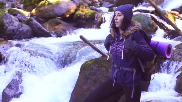 Девушка-туристка, стоящая на камне в лесу рядом с горной рекой, медленное время — стоковое видео