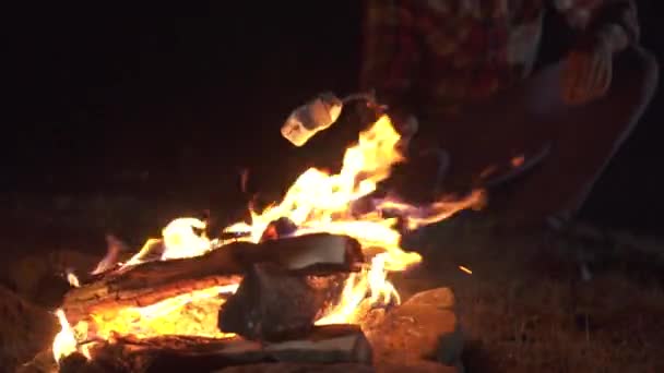 Кемпер обсмажує зефір у вогні вночі — стокове відео