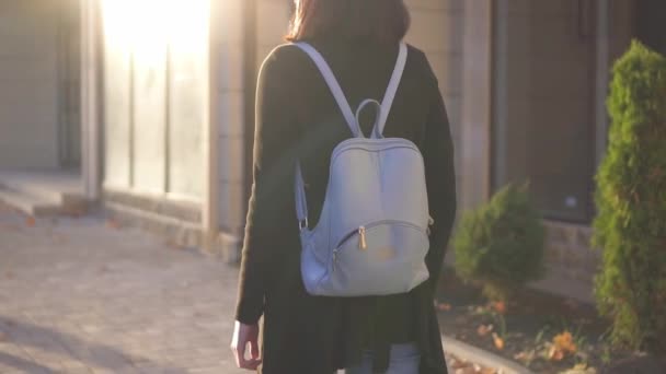 Mujer joven con discapacidad visual con un bastón caminando alrededor de la ciudad del sol, visión trasera, lento mo — Vídeos de Stock