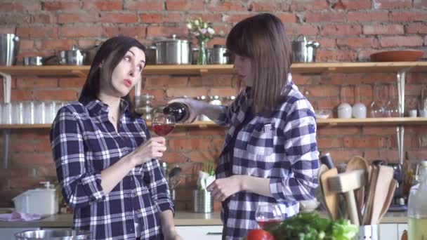 Dos chicas en camisas de vino a cuadros hablando en la cocina — Vídeo de stock