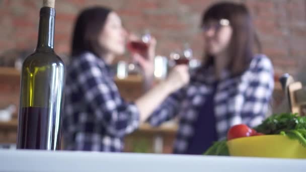 Two lgbt girls in the kitchen are drinking wine — Stock Video