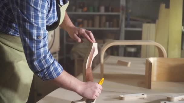 Retrato fabricante de gabinetes en una camisa con barba en un taller de autotecnoy oscuro pinta un árbol — Vídeo de stock