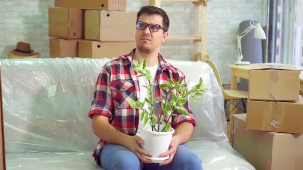 Hombre descontento y una flor sentada en el sofá y considerando su nuevo apartamento moderno — Vídeo de stock