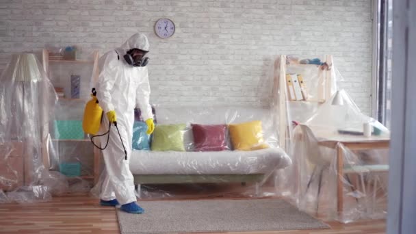 Exterminator bir sprey ile halı temizler — Stok video